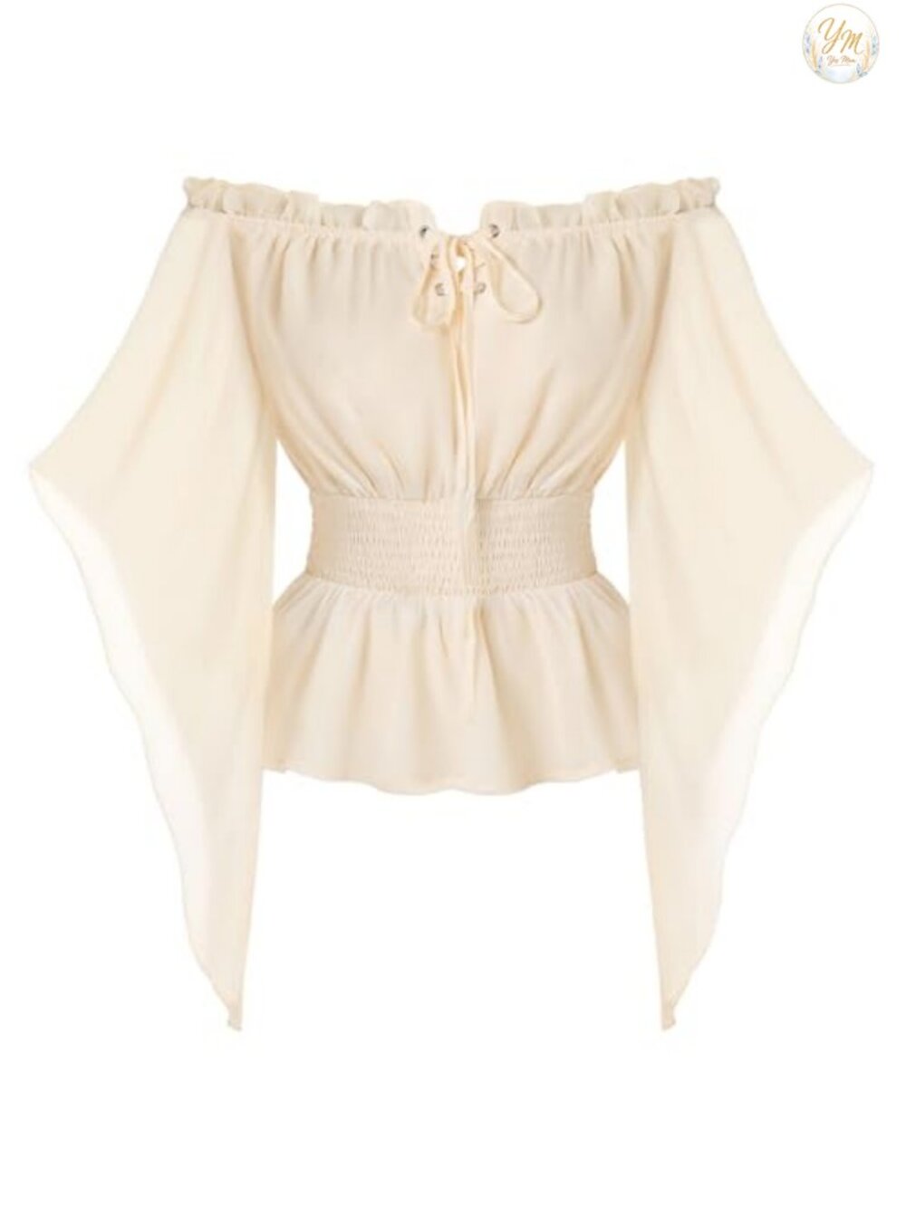 Chiffon Blouse Off Shoulder Bell Sleeve Smocked Waist Peasant Top